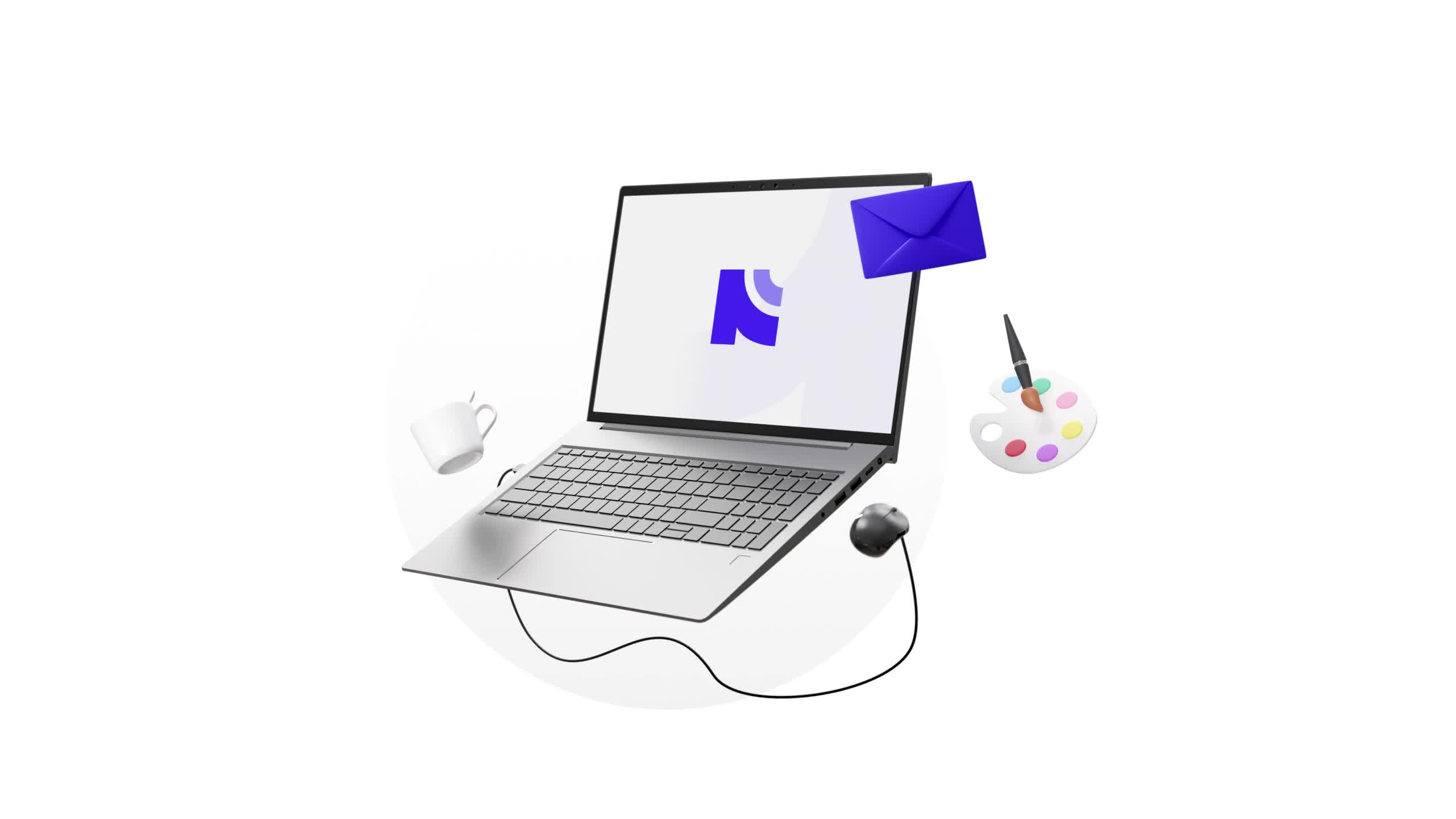 Nyro 3D-visual: laptop met tools voor webdesign en e-mail