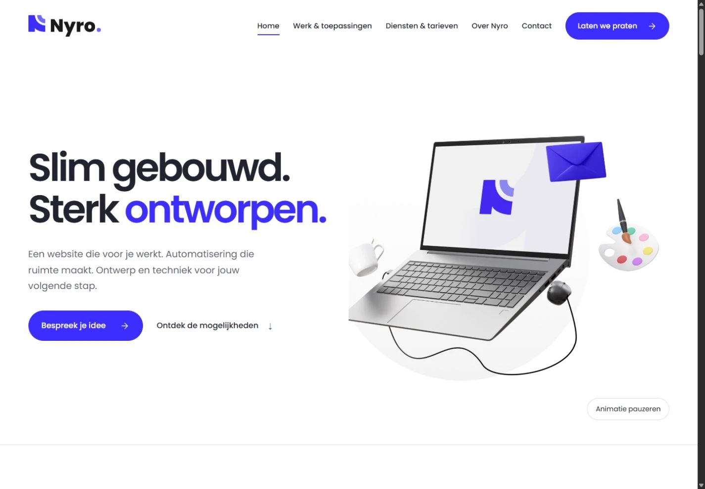 De eigen Nyro website met de 3D-header en webdesignpresentatie